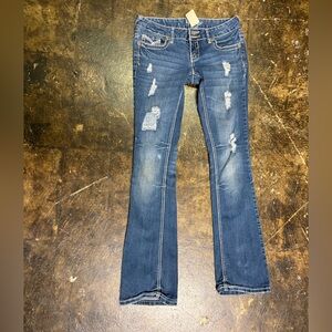Amethyst Womens Jeans Bootcut Low Rise 5 Distressed Flap Pockets Blue 30x31